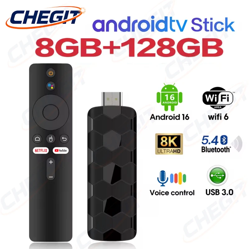 Android 16 Smart TV Stick 8GB+128GB Google Assistant 4K Video Bluetooth5 Media Player mit WiFi 6 Top-Box für Netflix YouTube