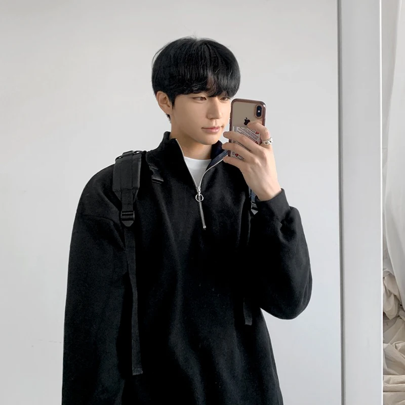 

2-Color Lapel Sweatshirts Men Warm Fashion Casual Turn-down Collar Men Korean Loose Zipper Long Sleeve Male Clothing C15