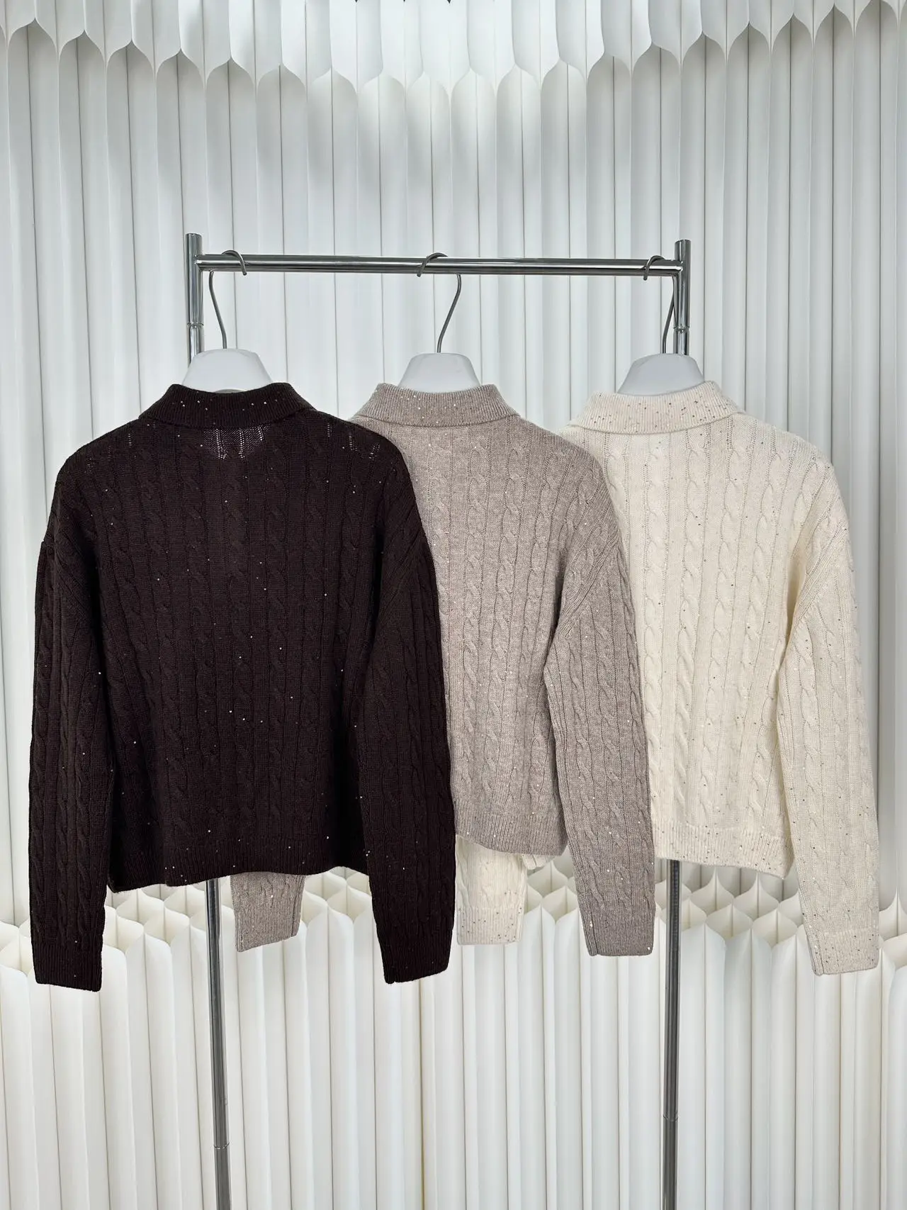 Glitter Knit Pullover for Women Polo Collar Button‑Front Long‑Sleeve Casual Sweater