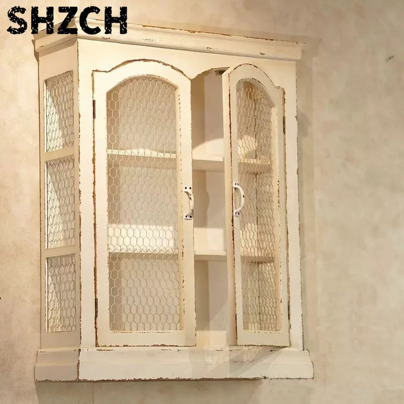 Vintage Wal/l Cabinet, White Distressed Wood, Chicken Wire Mesh Doors, French Country Style, Decorative Wal/l Storage Display