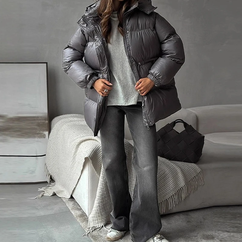 

Thicken Cotton Jackets Women Standneck Zipper Long Sleeves Lace Up Detachable Hat Coats Female Winter Warm Fashion Outwears 2025