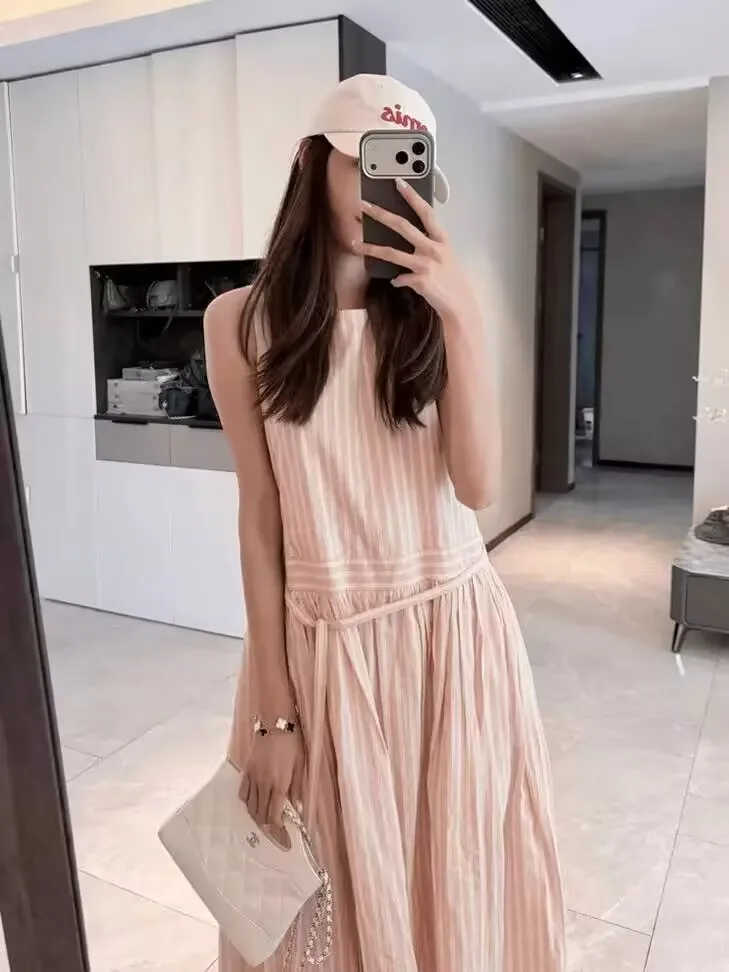 Robe ample sans manches en coton pour femme avec ceinture, col rond, rayures, taille haute, jupe longue évasée, style décontracté streetwear J126