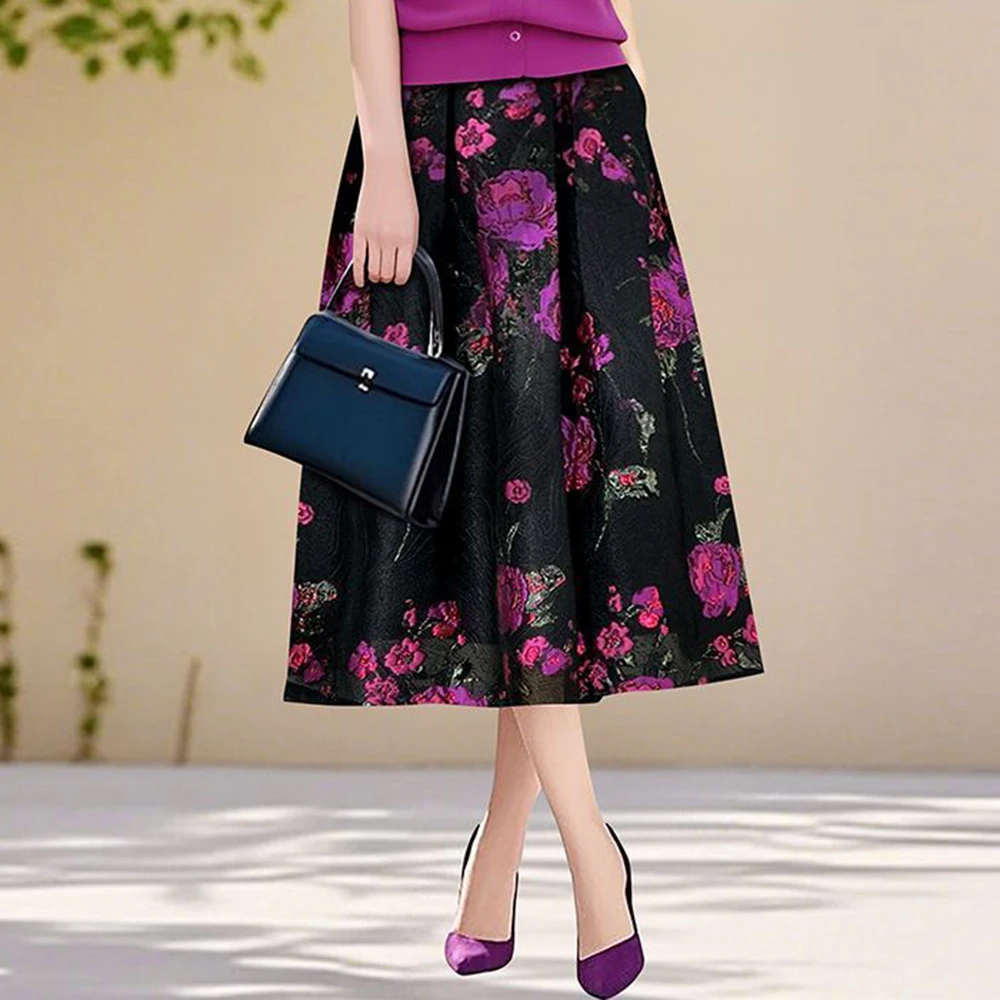 

Летняя вязаная юбка с V-образным вырезом и цветочным принтом, средней и длинной длины, с легкой эластичностью, в стиле Y2K.