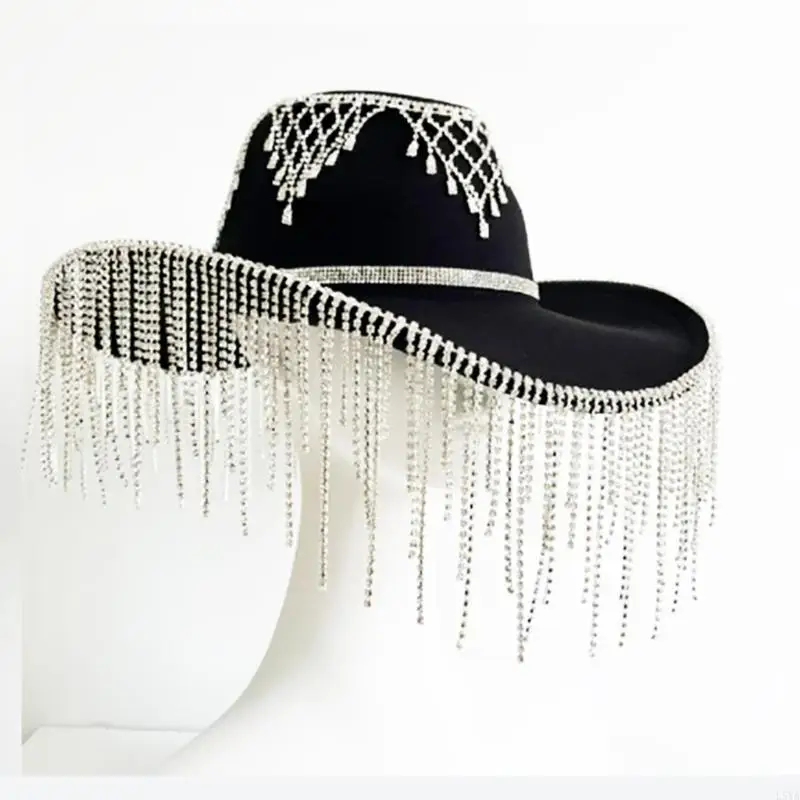 

L5YA Women Rhinestones Tassels Cap Breathable Wide Brim Cowboy Hat Teens Girl Fashion Nightclub Party Hat Photoshooting Hat