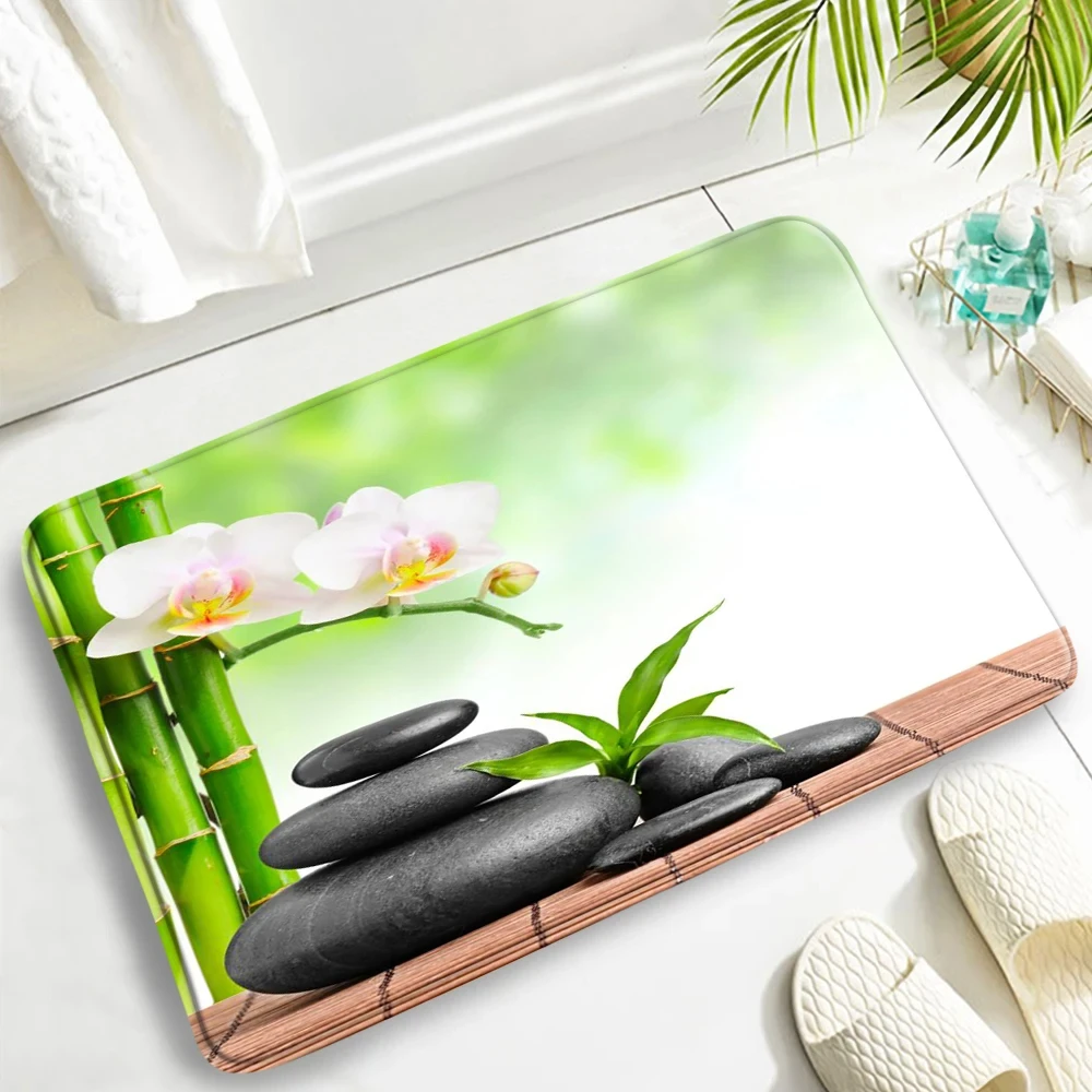 Orchid Green Bamboo Zen Carpet Flowers Spa Stone Natural Garden Scenery Bathroom Rug Anti-Slip Door Mat For Living Room Decor