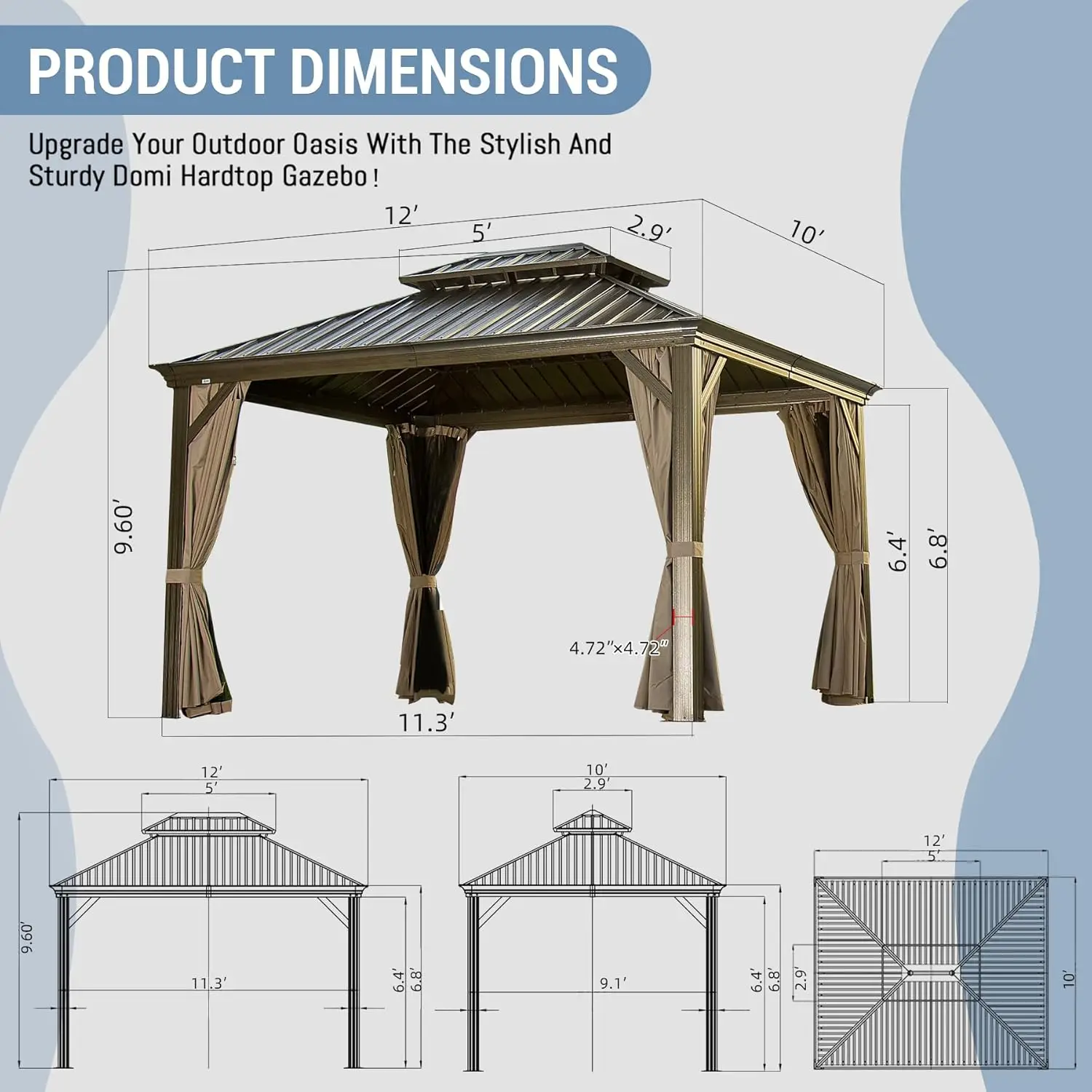 

10'x12' Heavy Duty Hardtop Gazebo Aluminum Frame Outdoor Metal with Galvanized Steel Double Roof Customizable