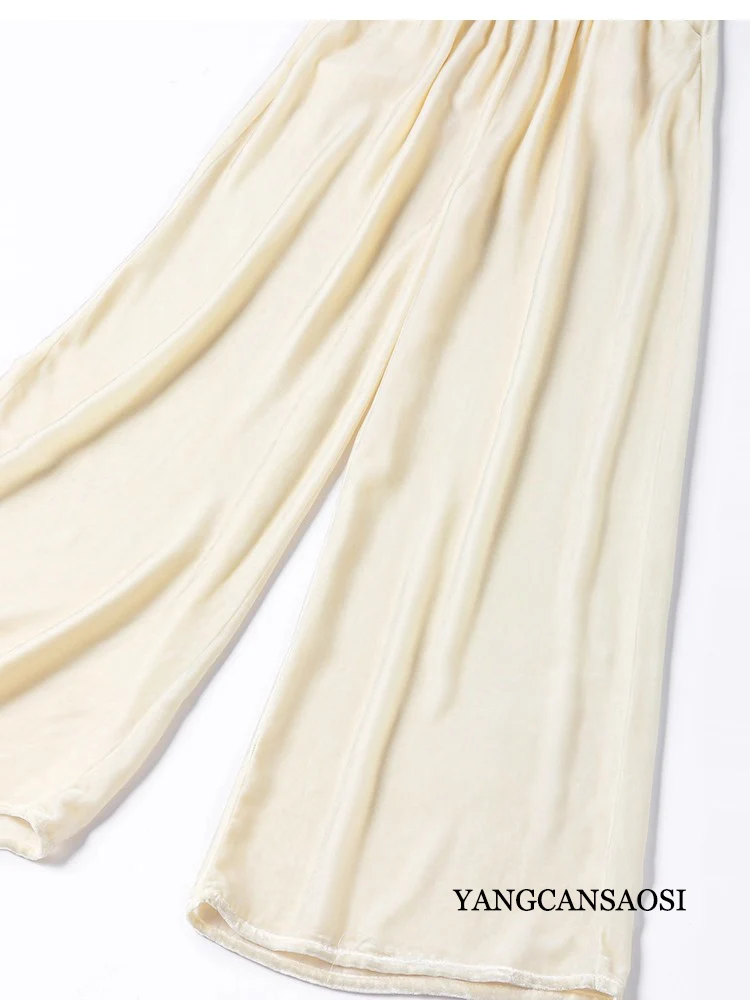 Women's Autumn Fashion Clothing 30% Natural Mulberry Silk Velvet Skin Friendly Retro Elegant Versatile Casual Wide Leg Pants