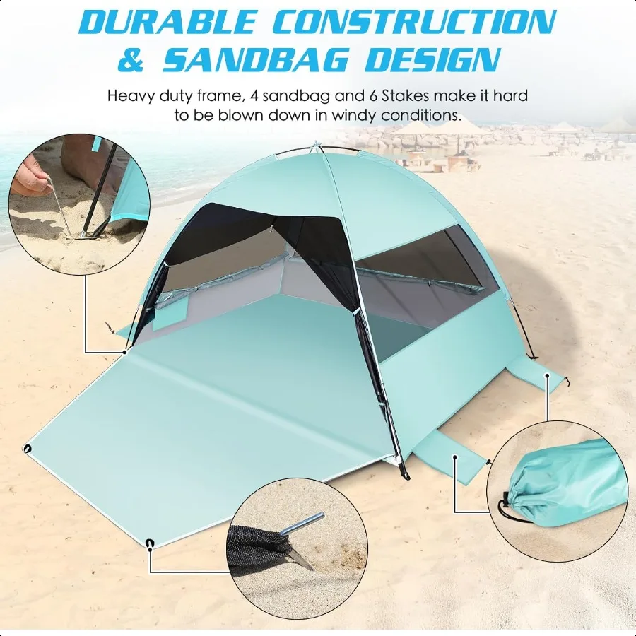 خيمة شاطئ كبيرة سهلة الإعداد مضادة للأشعة فوق البنفسجية، خيمة مظلة للشاطئ، مظلة شمسية مع أرضية ممتدة، نوافذ قابلة للطي تناسب 34 بيرسو