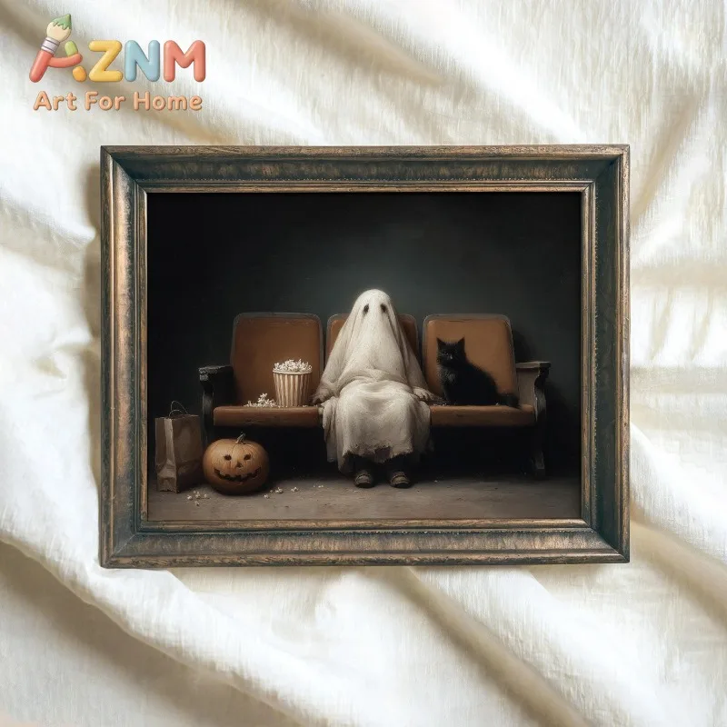 Ghost Watching Movie Wall Art Print Spooky Ghost with Black Cat Pumpkin Popcorn Halloween Gothic Wall Unframed Canvas Painting