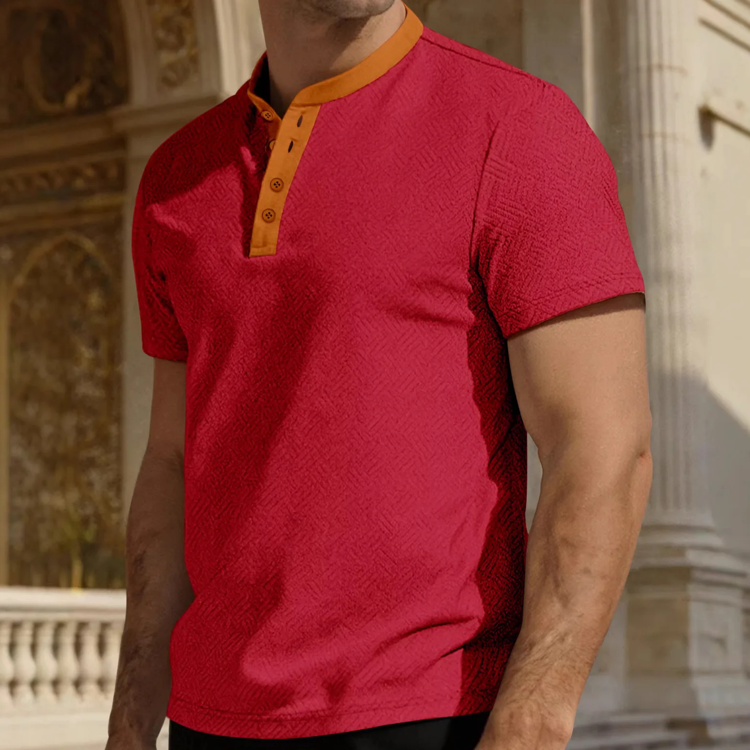 Summer Short-sleeved Stand-up Collar Towel Jacquard Cloth Half-breasted Casual Loose Breathable Men's T-shirt Cw12501