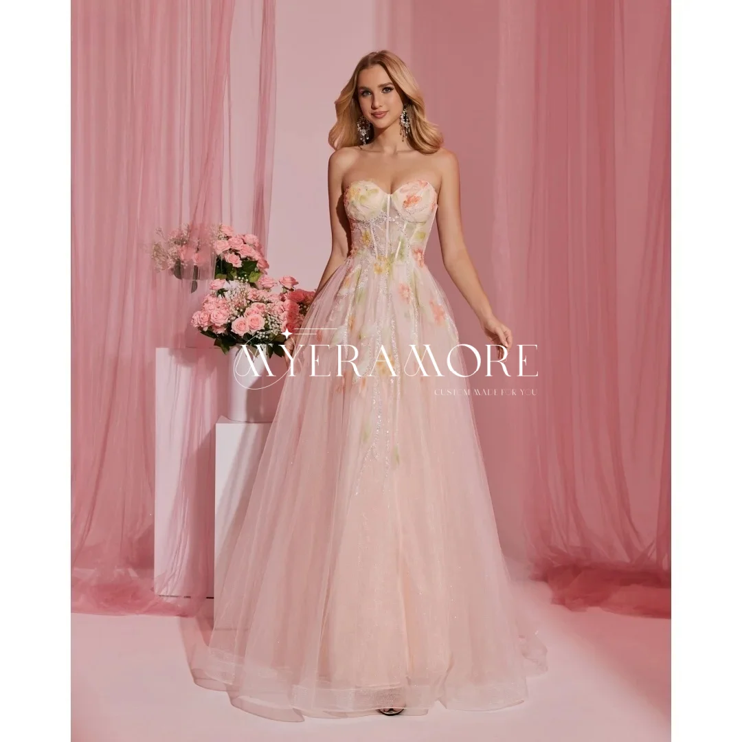 

2025 New Arrival Princess Evening Dresses for Women Peach Beading Flowers Printed Backless Glitter Tulle Prom Dresses Customized