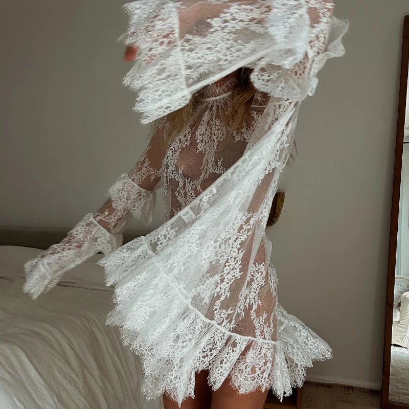 Spring Summer New Lace Perspective Cover-up Dress New Beach Vacation Sunscreen Dresses Women Long Sleeve Ruffles Short Sundress