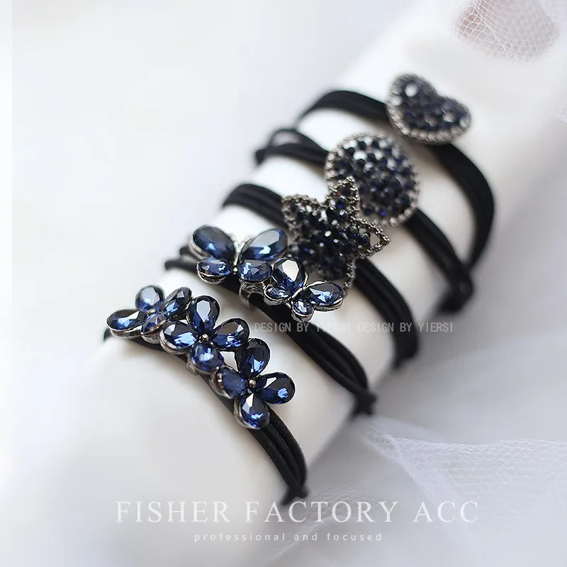 2023 Blue Rhinestone Flower Scrunchies Women Girls Elastic Hair Rubber Bands Accessories Tie Hair Ring Rope Headdress Headwear