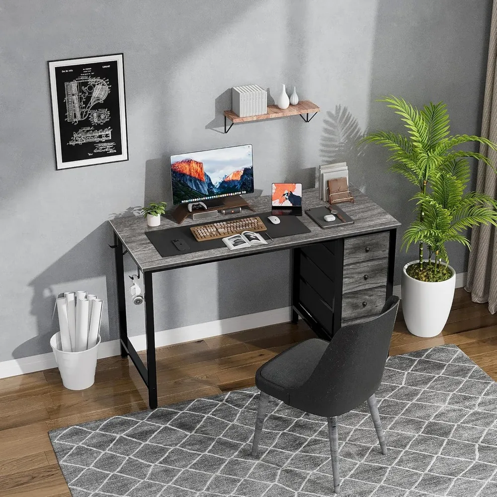 47 Inch Modern Computer Desk with 4 Fabric Drawers - Home Office Study Desk for Writing and PC Work, Simple Design Student Desk