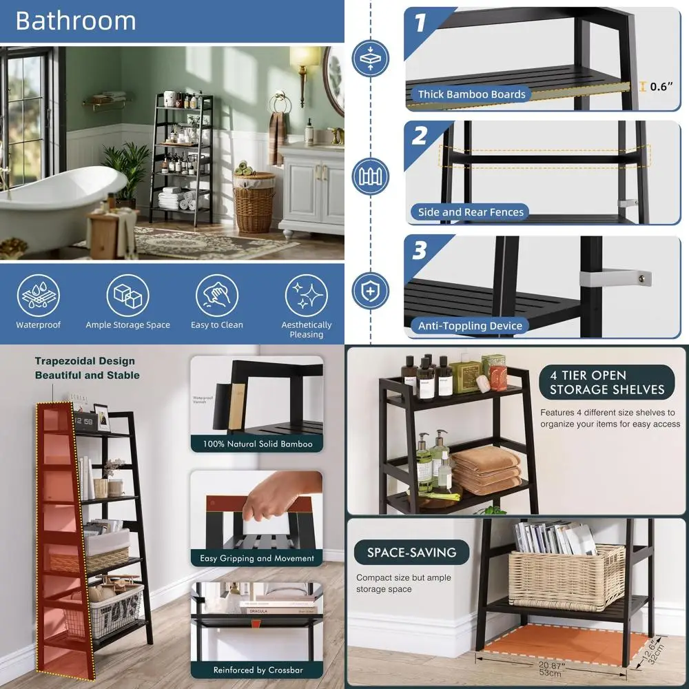 

Space-Saving Bamboo 4-Tier Ladder Bookshelf, Freestanding for Small Spaces with Plant Stand Feature