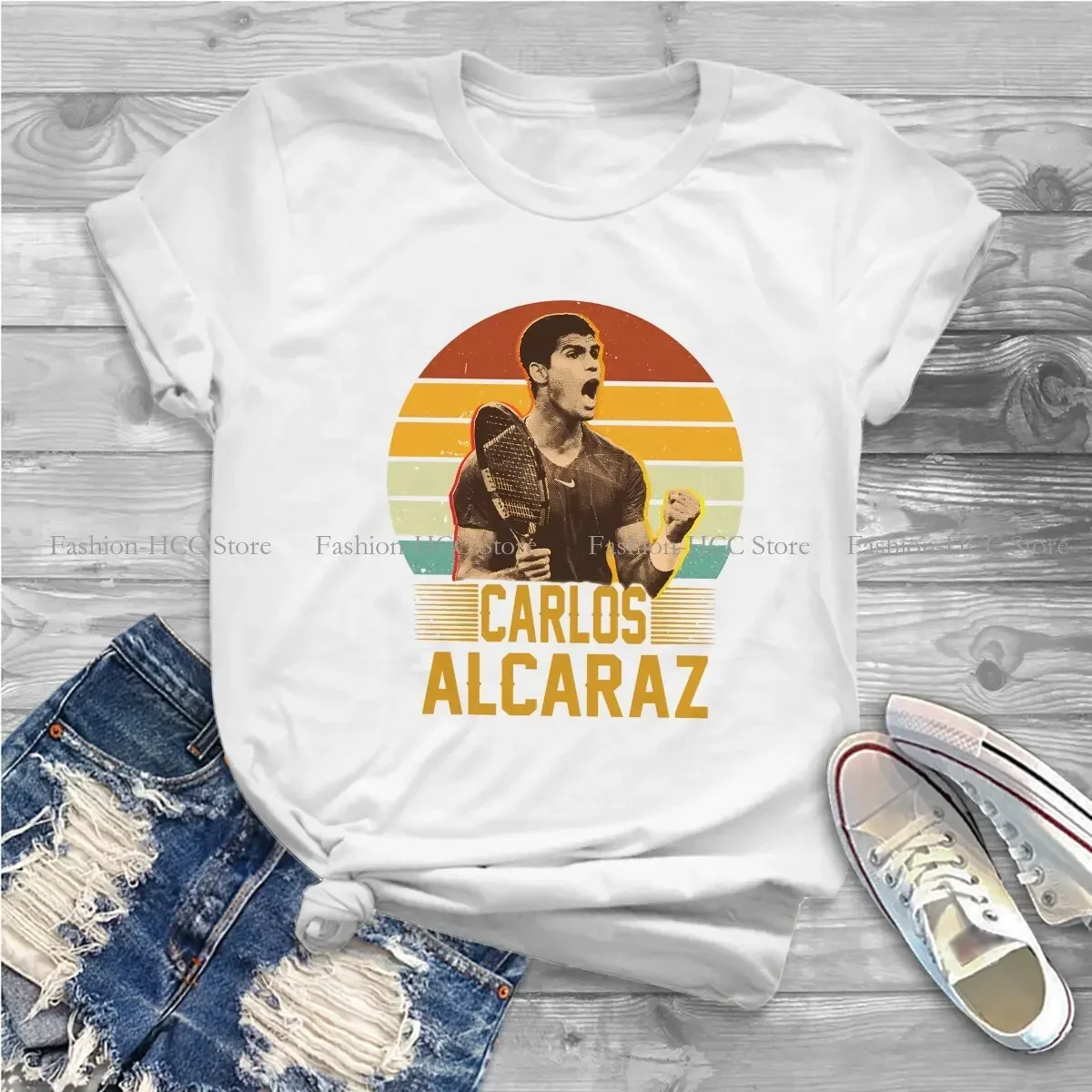 Carlos Alcaraz Retro Vintage Round Collar Polyester TShirt Tennis Basic T Shirt Woman's Clothes Fashion