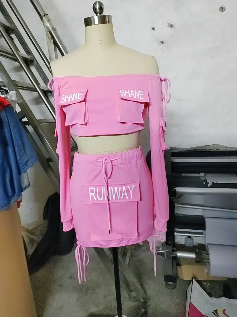 Women's Sweet Suits 2025 Spring Summer Latest Elegant American Exy Pocket Design Letter One Line Neck Short Top Short Skirt Set