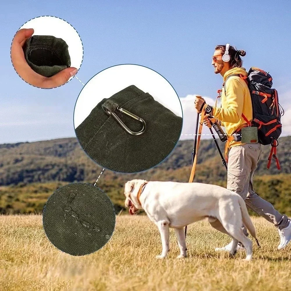 Hundeleckerli-Beutel, Snacktasche aus gewachstem Canvas für das Haustiertraining mit Karabiner, tragbare Aufbewahrungstasche für Spaziergänge und Belohnungen beim Welpentraining – Detail 2