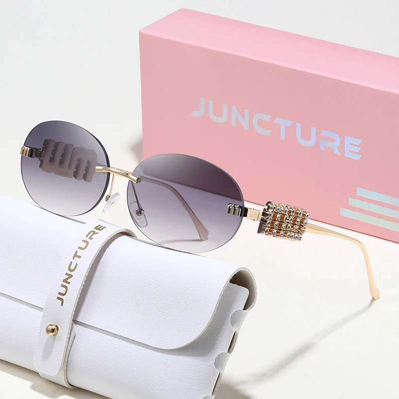 JUNCTURE Oval Frame Sunglasses New Rimless Cut Edge Personality Glasses Fashion Design Sense Small Frame Sun Glasses UV400