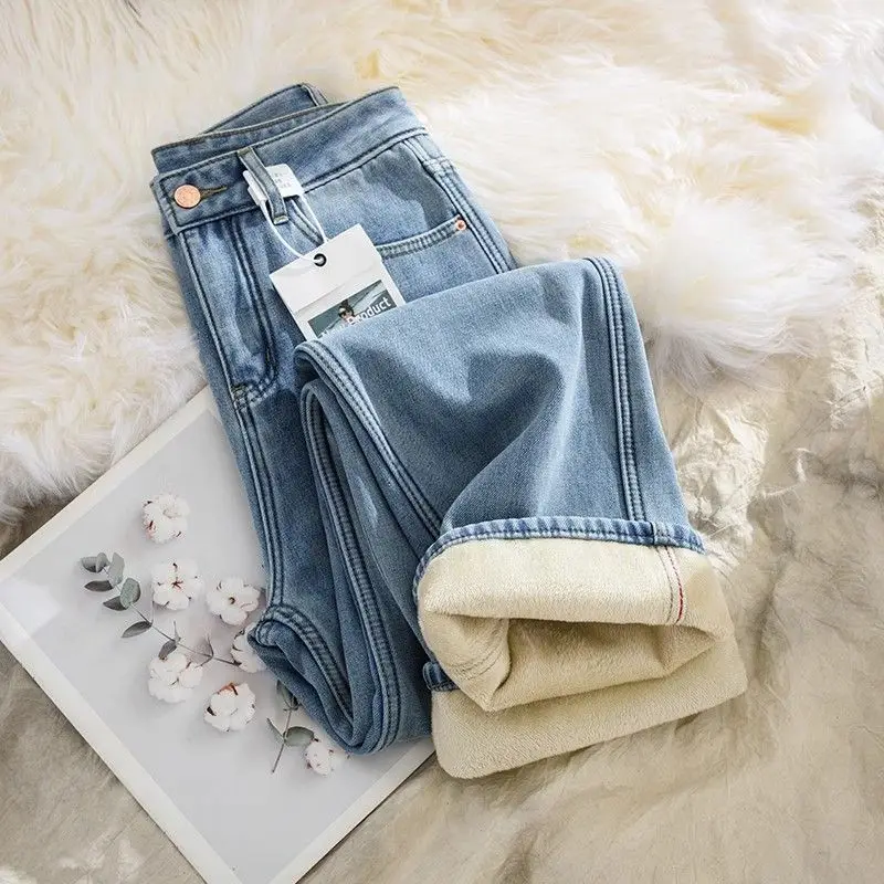 

Women's Velvet Jeans Autumn Winter New Light Blue High Waist Cowboy Trousers Thickened Warm Loose Denim Wide Leg Pants