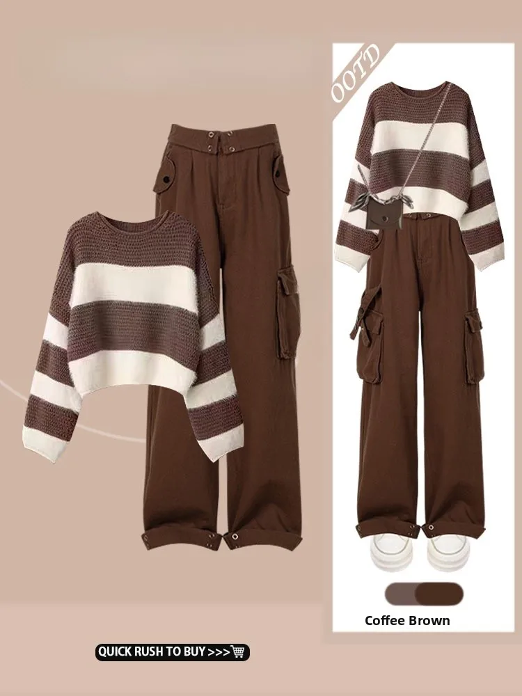 

Early Autumn New Sle Knitted Sweater High Waist Slimming Streetwear Workwear Pants Two-Piece Set Versatile Retro Chic