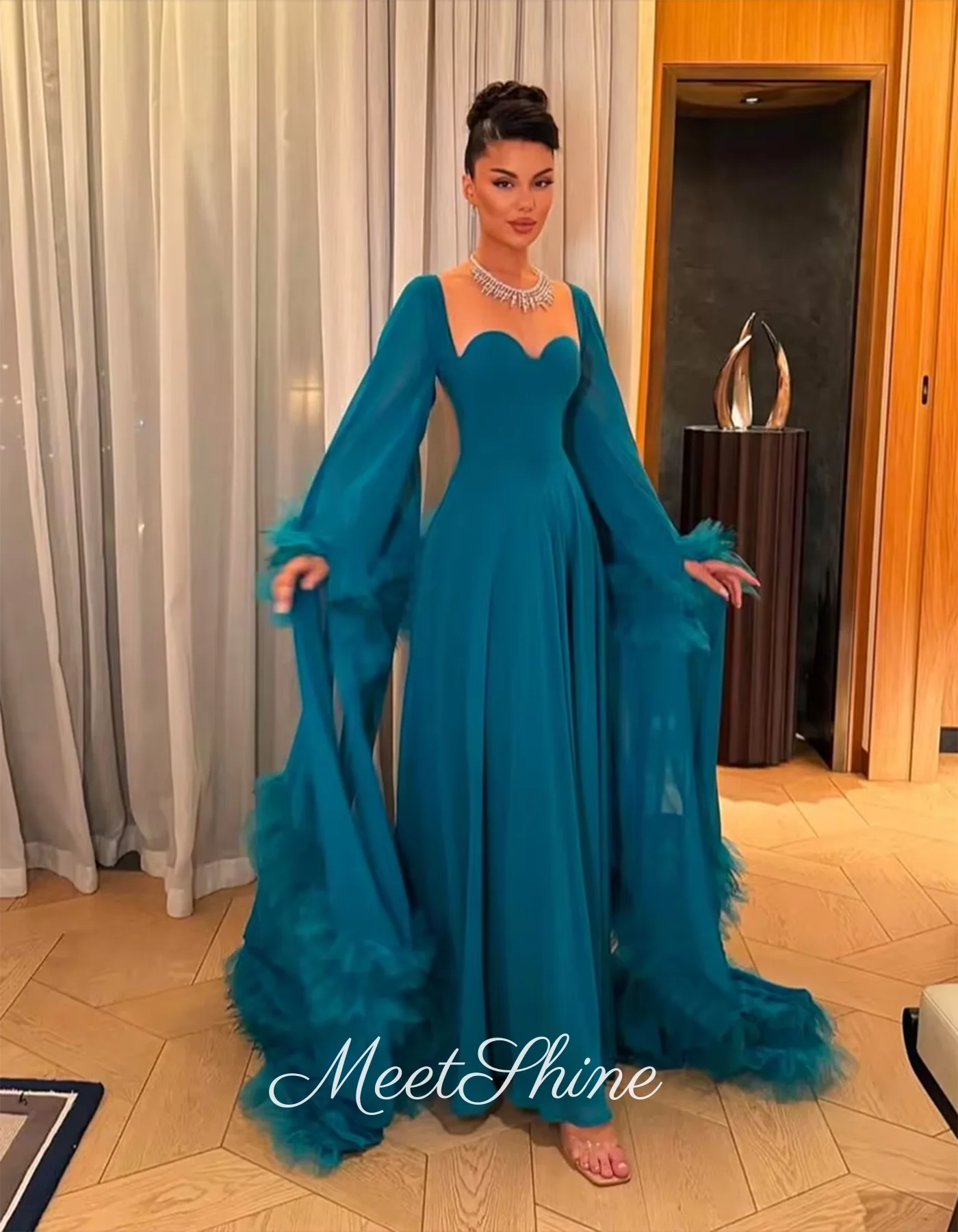 Long Sleeves Prom Dress Woman Sweetheart Fashion Chiffon A-Line Evening Dress Party Gowns Customized Formal Occasion Dress 2025