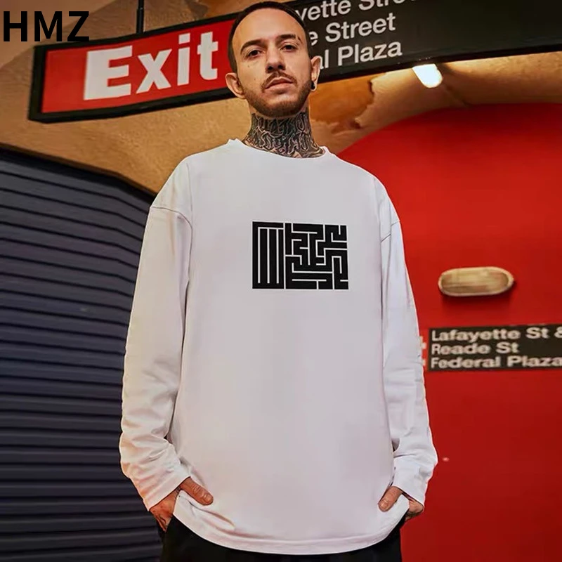 HMZ 100% Cotton Long Sleeve T-shirt Men Summer Casual Tshirt Basic Harajuku High Street Tops Male Oversized Hip Hop Tees