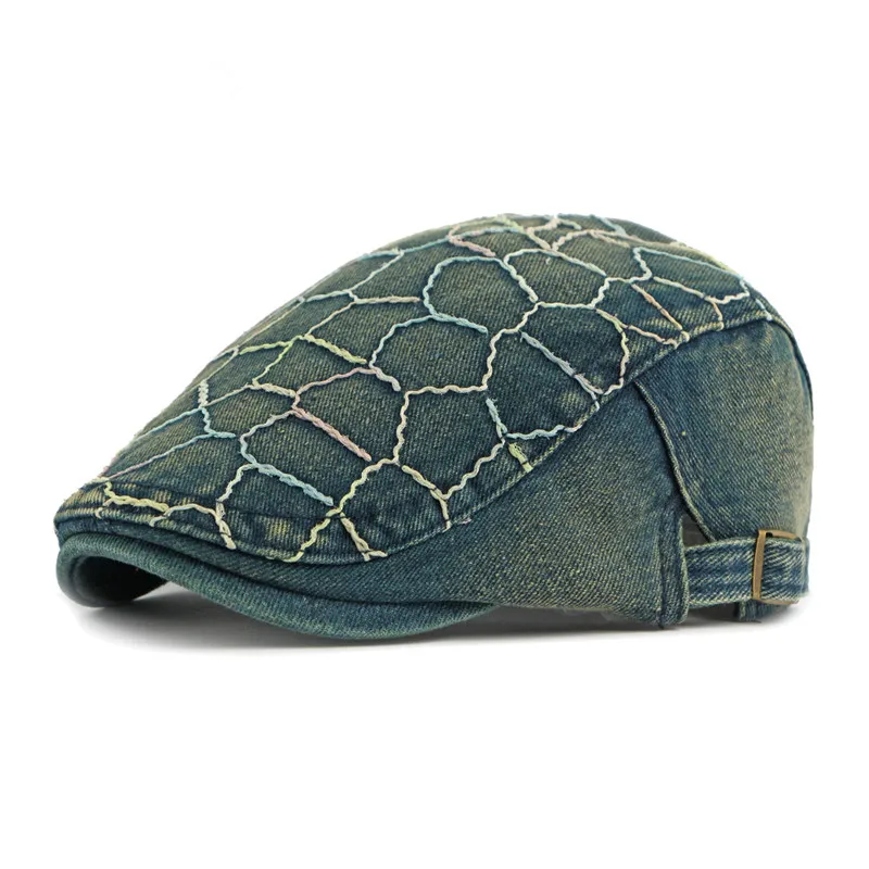 

Spring and summer British retro washed denim forward hat for men and women's casual versatile color thread embroidered beret hat