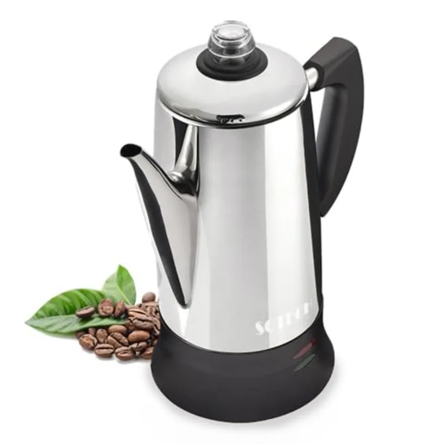 

Percolator Coffee Pot Electric Maker for home kitchen use, stainless steel body, black color, cool-touch handle and clear brew