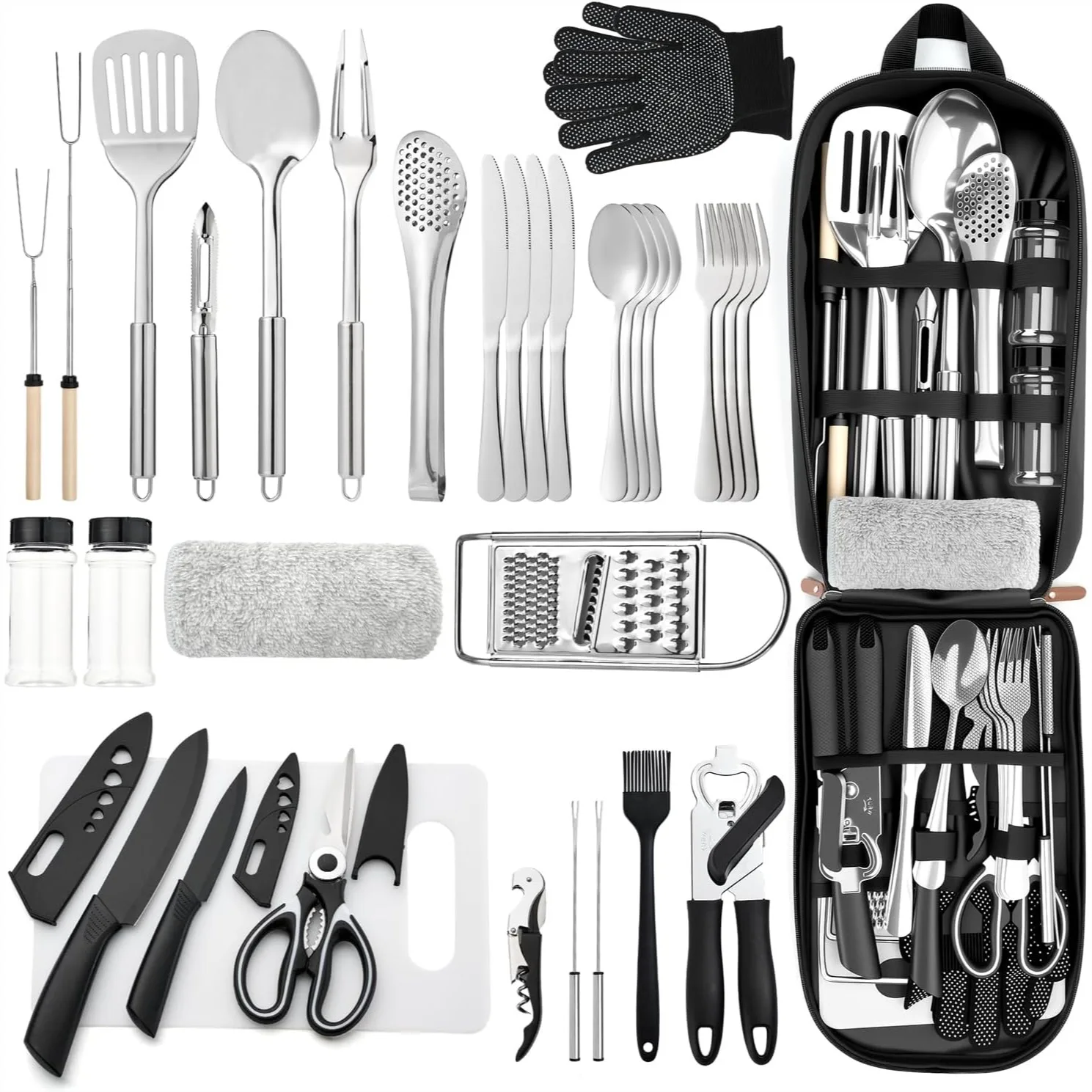 

34-Piece Portable Camping Kitchen Utensil Set, Stainless Steel Outdoor Cookware Kit for Travel, Picnics, RVs, BBQs with Storage