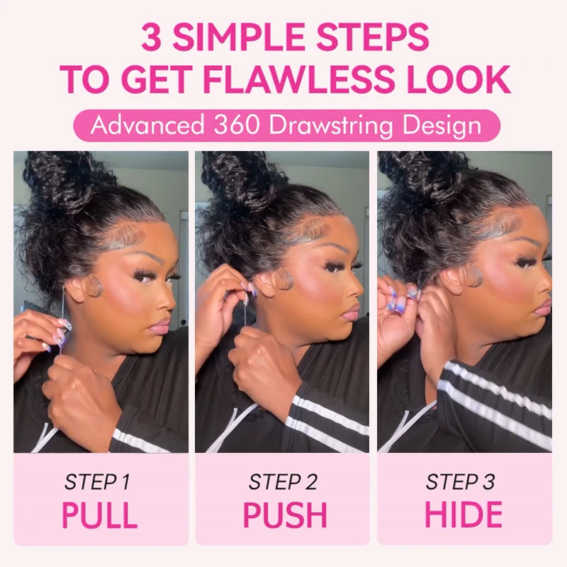 วิกผมแบบเต็มศีรษะ 360 องศา พร้อมเชือกผูกแบบซ่อน  ทำจากผมแท้  สายรัดแบบซ่อน  จุดต่อผมแบบฟอกสี  ลอนน้ำ  วิกผมลูกไม้ HD  พร้อมเชือกผูก