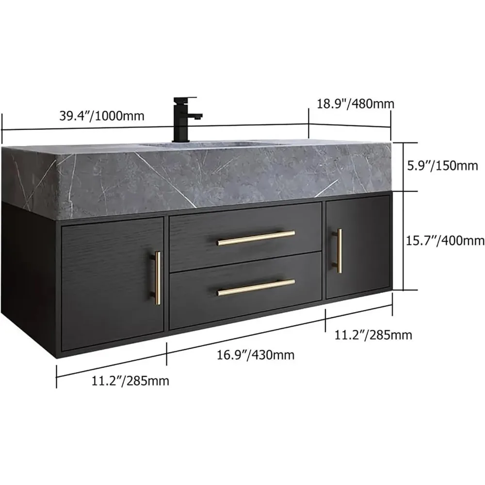 Bathroom Vanity Stone Top Wall Mounted, with Ceramic Sink, Ample Storage Space, Easy To Install, Bathroom Storage Cabinet, 39