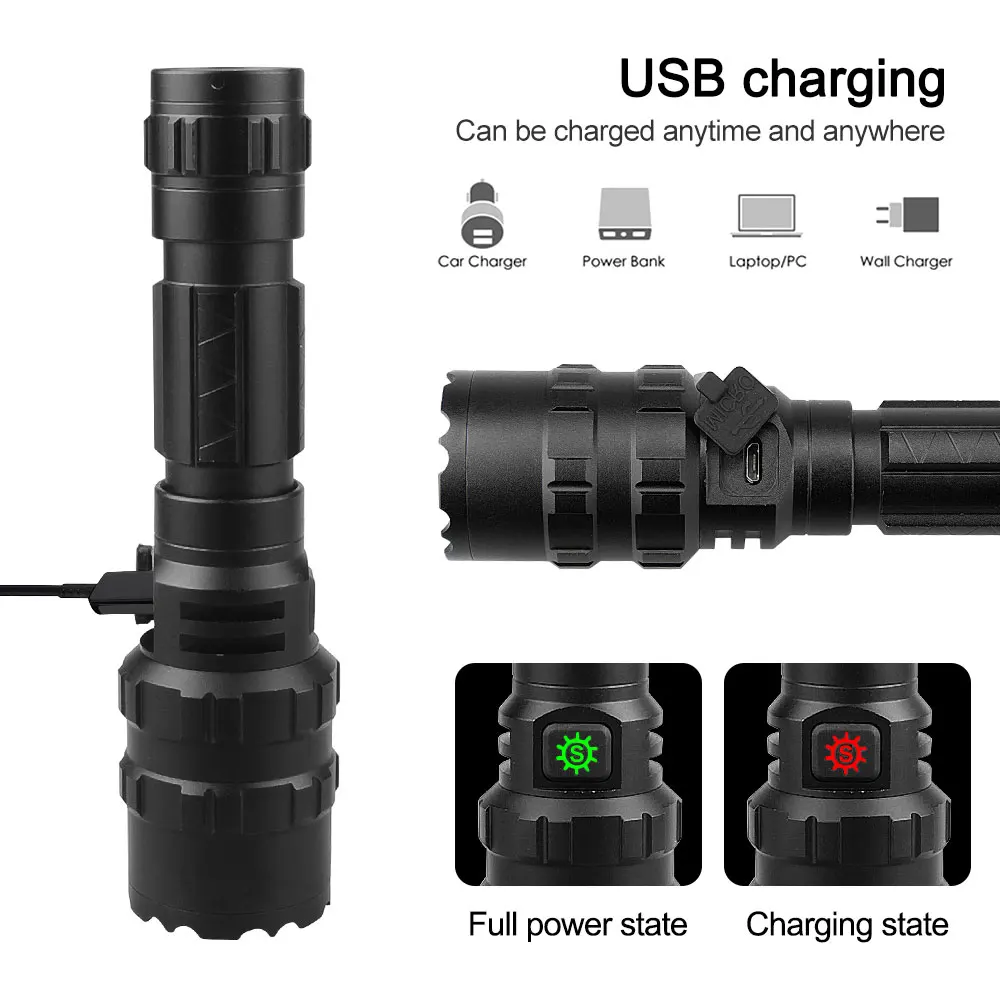 Imagem -03 - Led Lanterna Tática para a Caça com Modos Usb Recarregável com Visão Noturna Zoomable