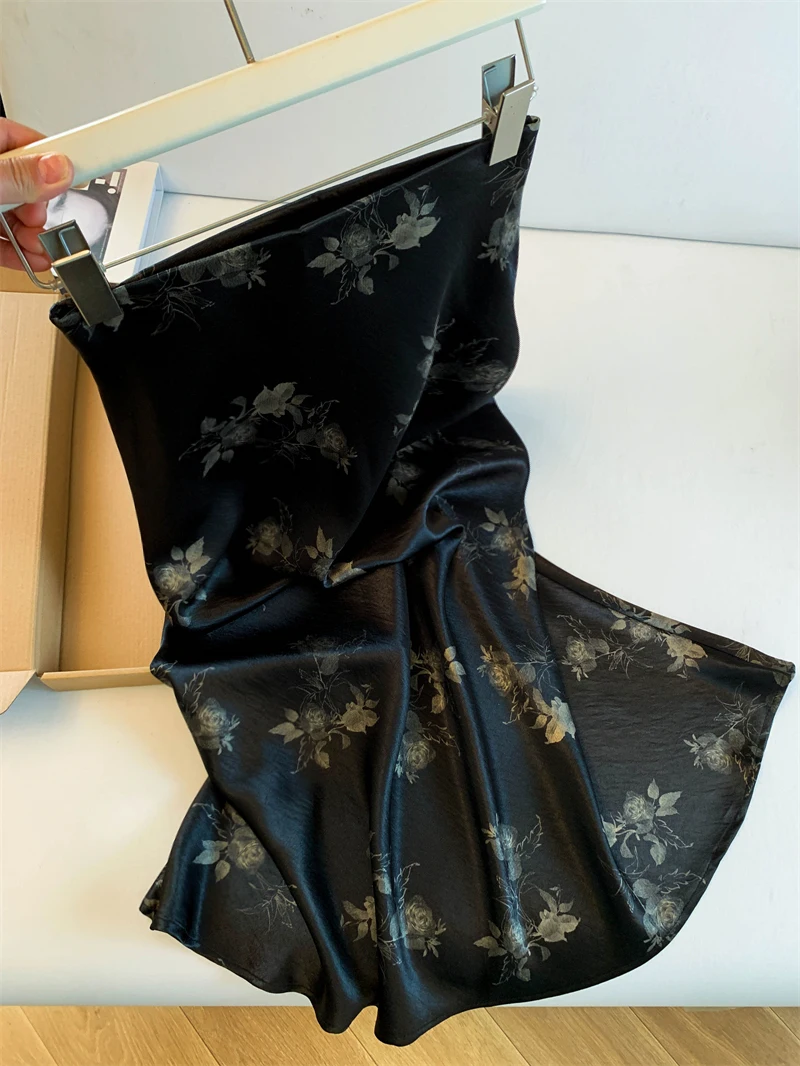 

High Waist Acetate Satin Printed Midi Skirt Women's Slimming A-Line Korean Sle Commute Floral Patterned f-length Skirt