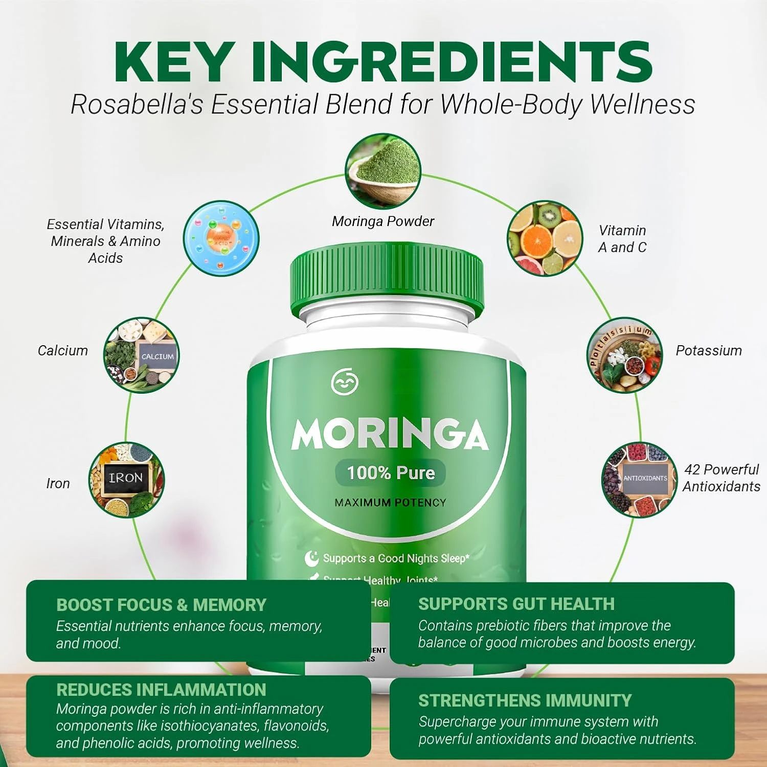Moringa Powder Capsules - Pure Nutrient-Rich Moringa Powder - Supports Energy, Skin Health, Gut Health+