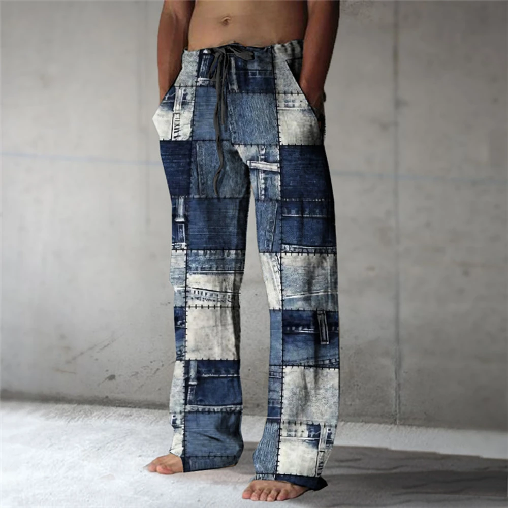 

Plaid Color Block Men's Resort 3D Printed Casual Pants Trousers Elastic Waist Fit Straight-Leg Pant Summer Beach Pants
