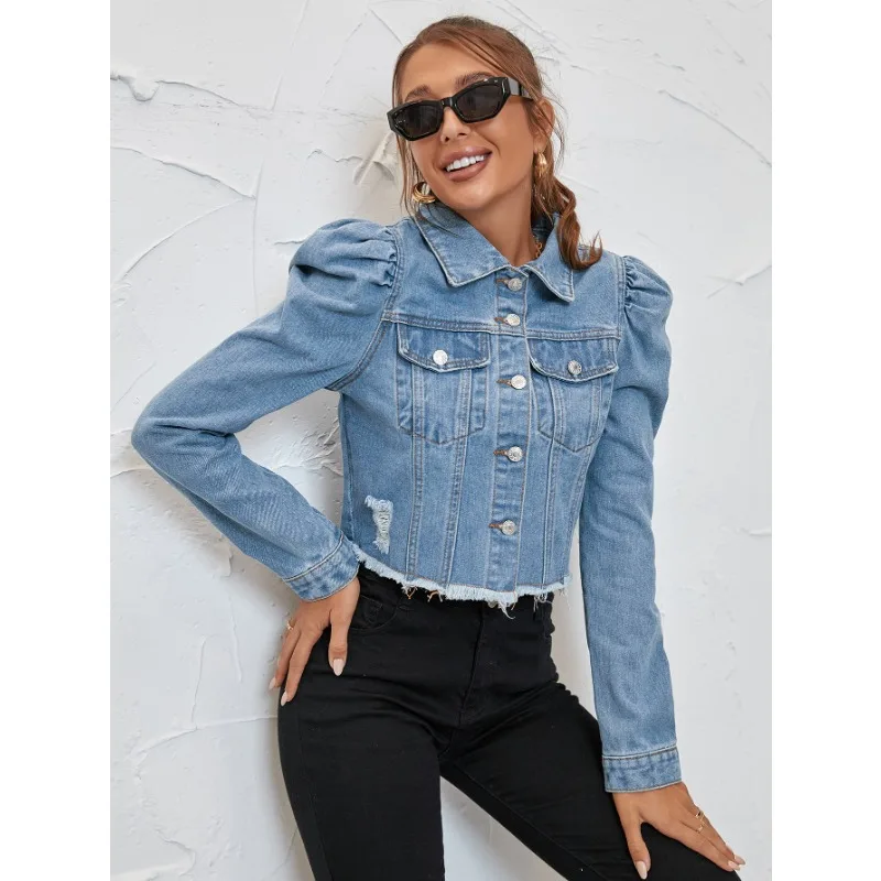 Women Jeans Jacket New  American Vintage Washed Aged Strapless Design Denim Jacket  Niche Design Coat Women Jackets for Women