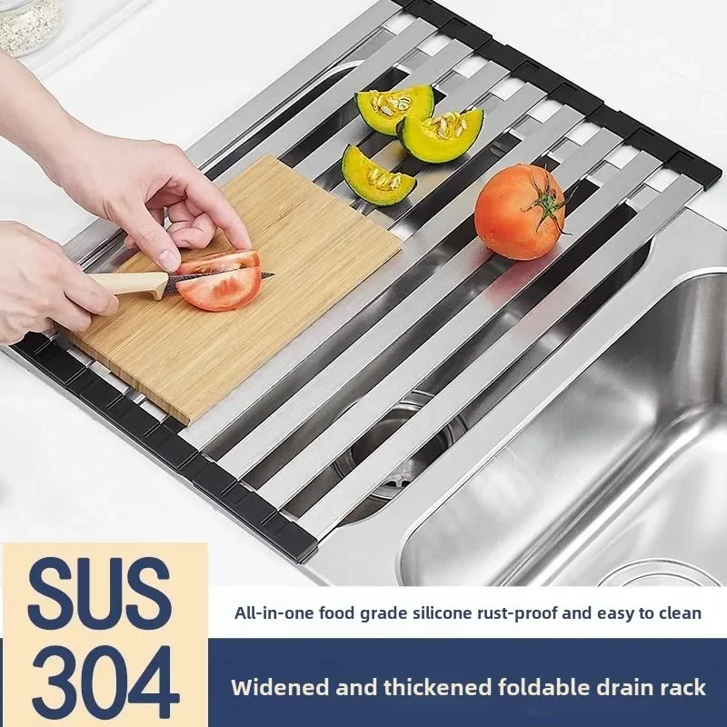 Kitchen sink drain rack 304 stainless steel collapsible dish filter roller curtain sink drain basket storage rack