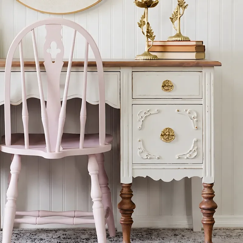 Retro Carved Solid Wood Dresser American Country Style Makeup Table Princess Bedroom Vanity with Bedside Cabinet Storage