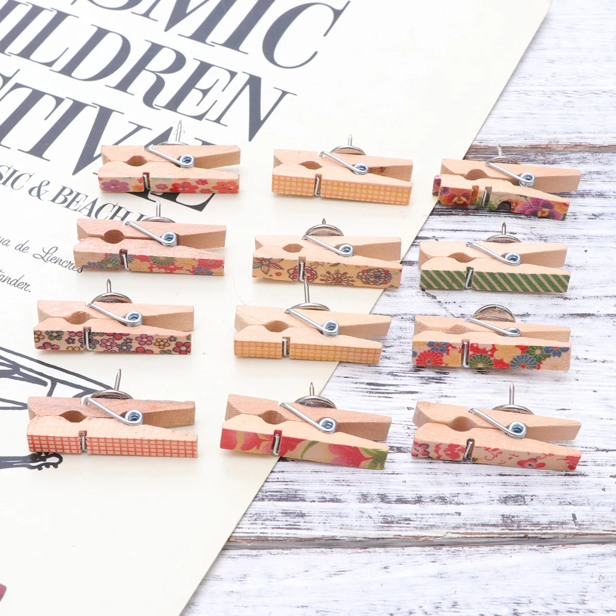 

20pcs Wooden Clips With Pushpins Metal Studs For Cork Boards Photos Notes Display Craft Projects Decorative Thumbtacks