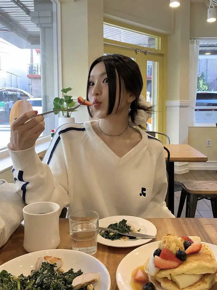 

Повседневный женский вязаный свитер Spor Sle с v-образным вырезом, свободный крой, многослойный топ, длинный свек, хлопок, удобный для поездок на работу, мода