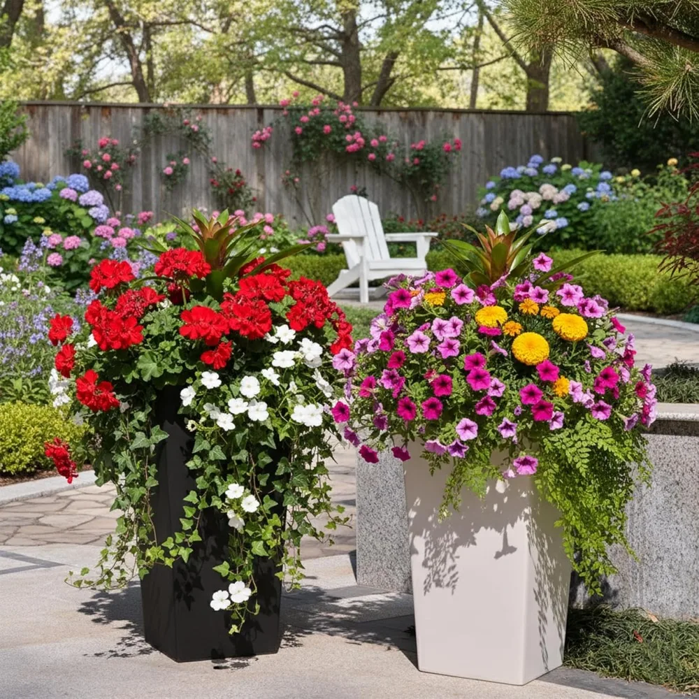 กระถางต้นไม้หินสีขาวขนาดใหญ่ ชุด 2 ใบ สูง 27 นิ้ว สำหรับปลูกต้นไม้ทั้งในร่มและกลางแจ้ง พร้อมระบบระบายน้ำและชั้นวางด้านใน