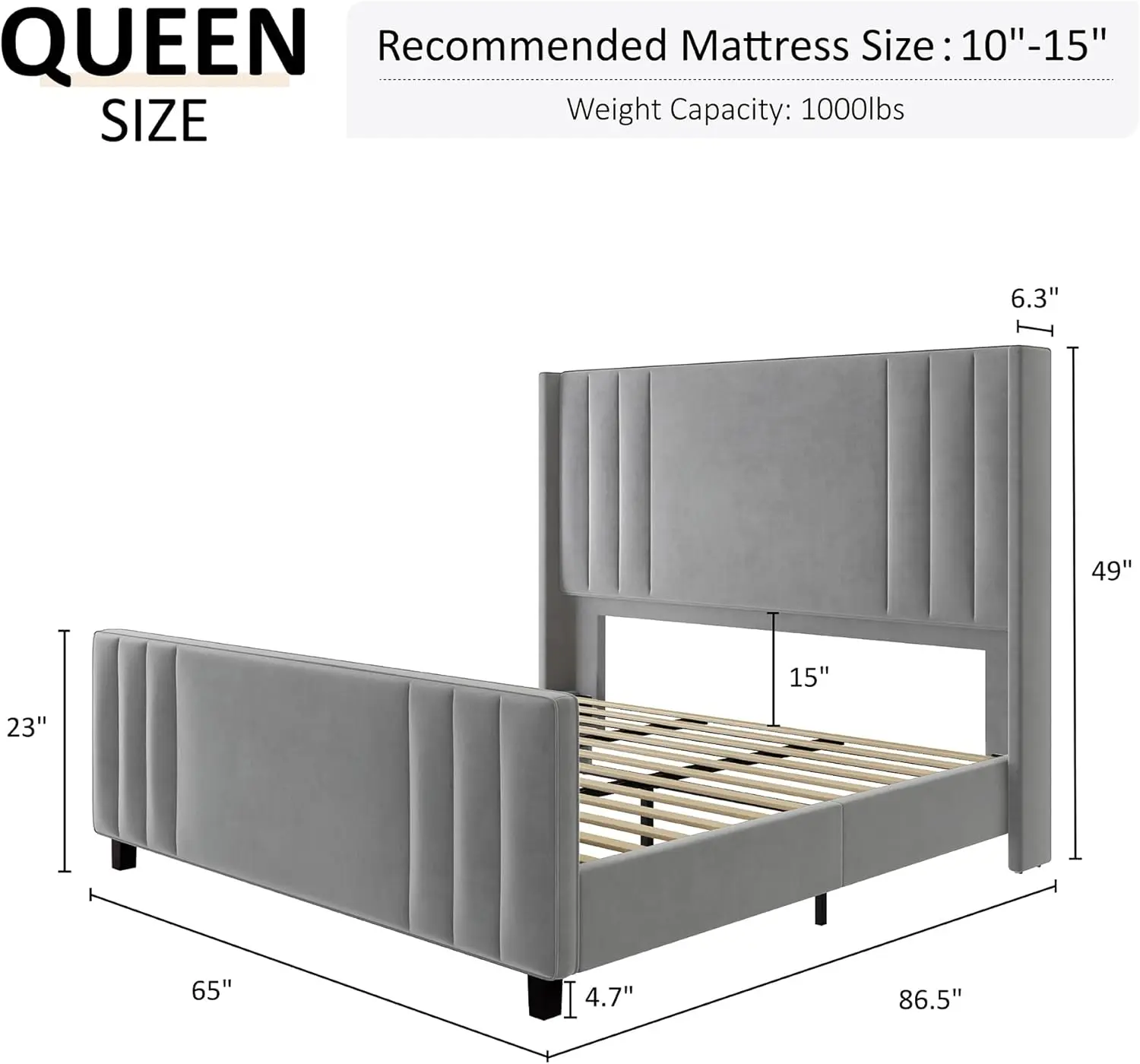 AMERLIFE Queen bedframe, fluweel gestoffeerd platform met kanaalgetuft vleugelrughoofdeinde, houten latten, geen boxspring, lichtgrijs.