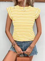 Summer personality fashion striped color combination of high-grade short-sleeved ladies T-shirt