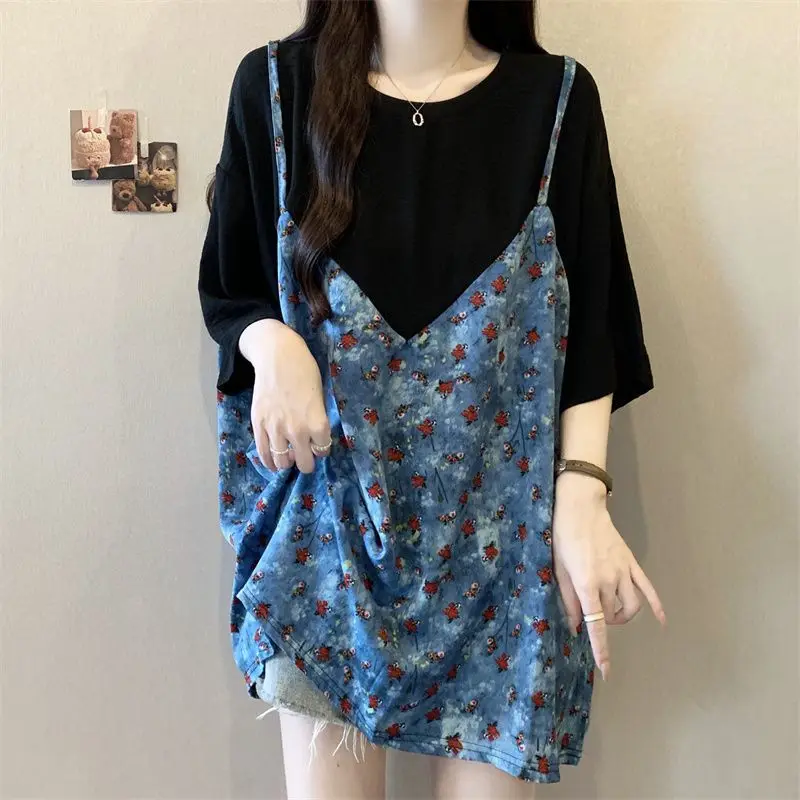 

Oversize Fake Two Piece Ice Silk Casual Tops Summer New Short Sleeve High Street Loose T Shirts Fashion Korean Women Clothing