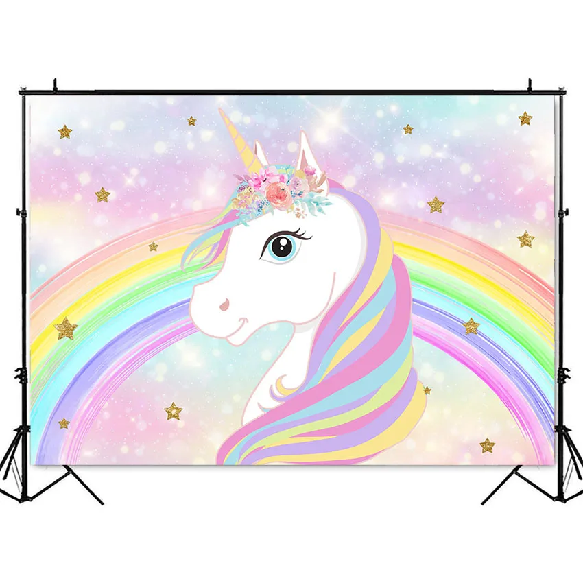 Rainbow unicorn birthday backdrop baby shower bokeh glitter photo background birthday photocall floral birthday party supplies