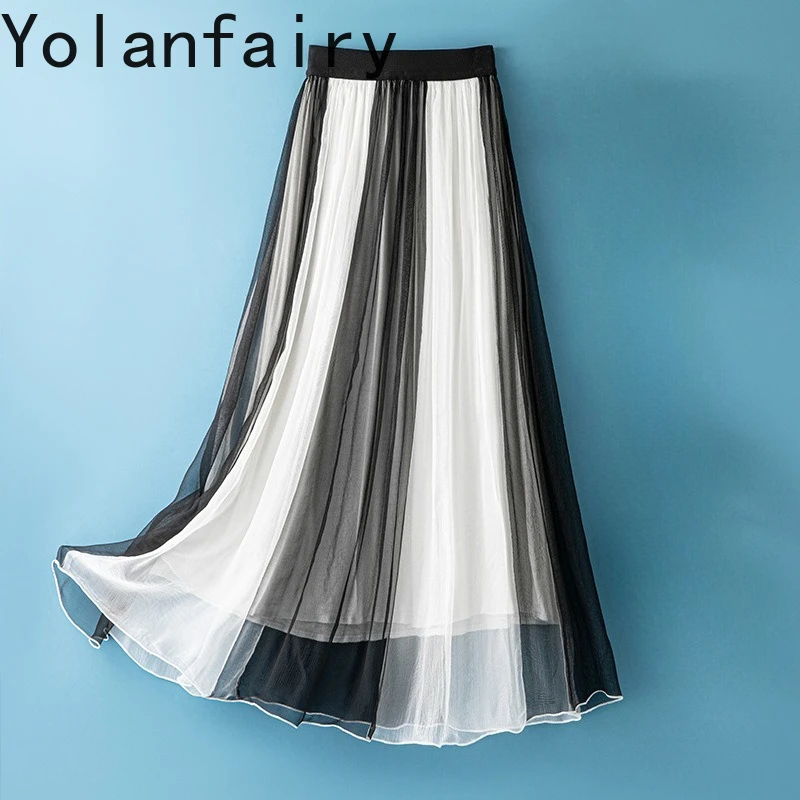 YOLANFAIRY 100% Natural Mulberry Silk Skirts Woman Clothing 2026 Summer Elastic Waist Skirt Women Fashion Contrast Color Skirts
