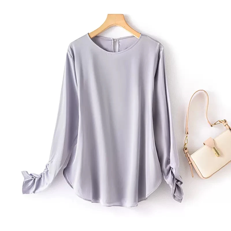 BirdTree, 93% Silk 7%Spandex, Women Solid Lantern Sleeve T-Shirts, Elegant Fashion Tee, 2024 Spring Summer New Top T43280QM image 3
