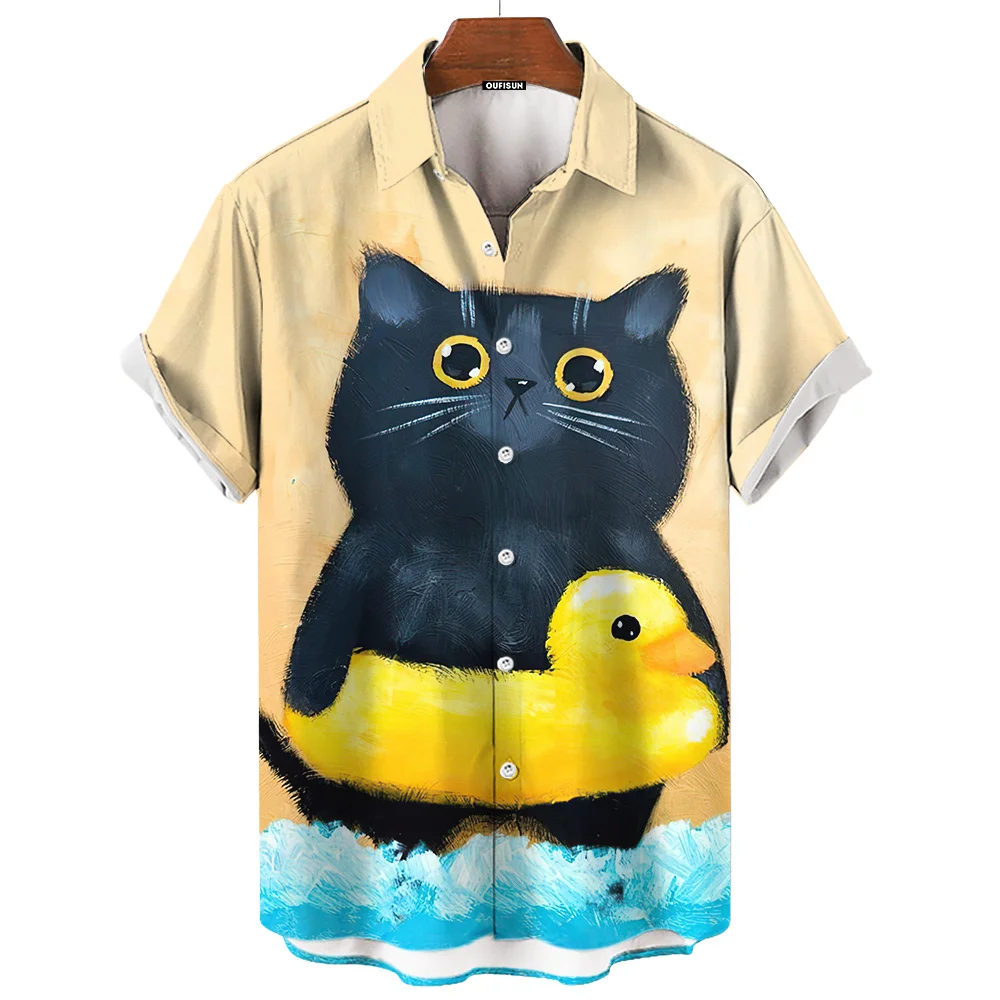 Casual Short Sleeve Shirts For Men Cute Animal Graphic Printed Men's Shirt Oversized Button Up Men's Clothing Interested Men Top