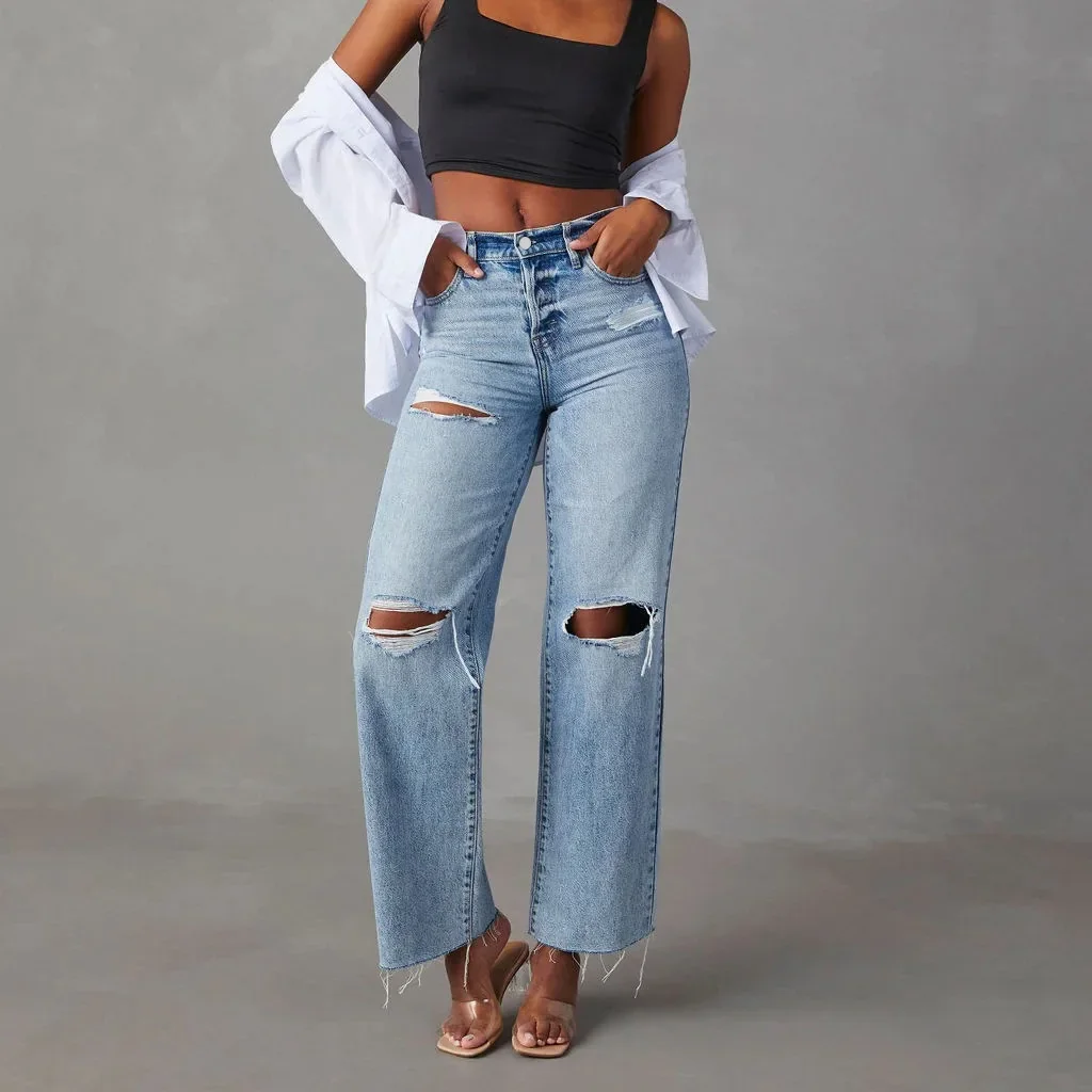 

Women Mom Jeans Pencil Pant Long Pants Hollow Out Blue Elegant High Waist Elegant Wide Leg Streetwear Y2k Denim Trousers 2024